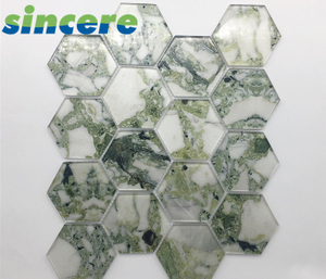 Buena venta de mosaico de vidrio de azulejos de baño de forma hexagonal de salpicadero de decoración brillante