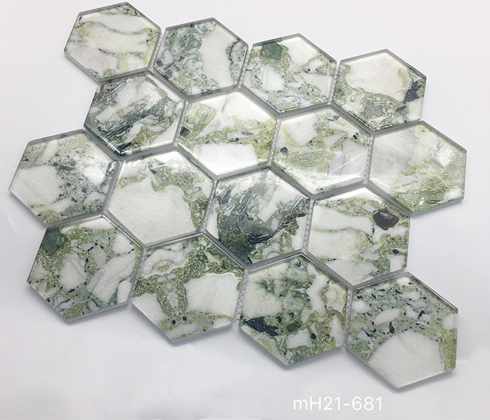 Buena venta de mosaico de vidrio de azulejos de baño de forma hexagonal de salpicadero de decoración brillante